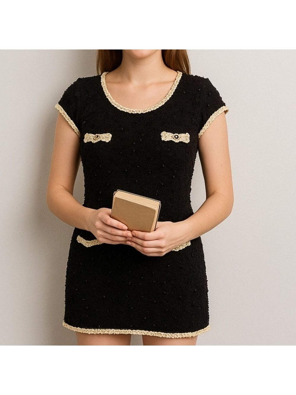 Joseph Ribkoff Knit Sequin Mini Dress Sz 4 Black Preppy Schoolgirl Short Sleeve